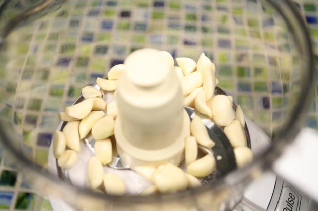 Add the peeled garlic to a food processor.